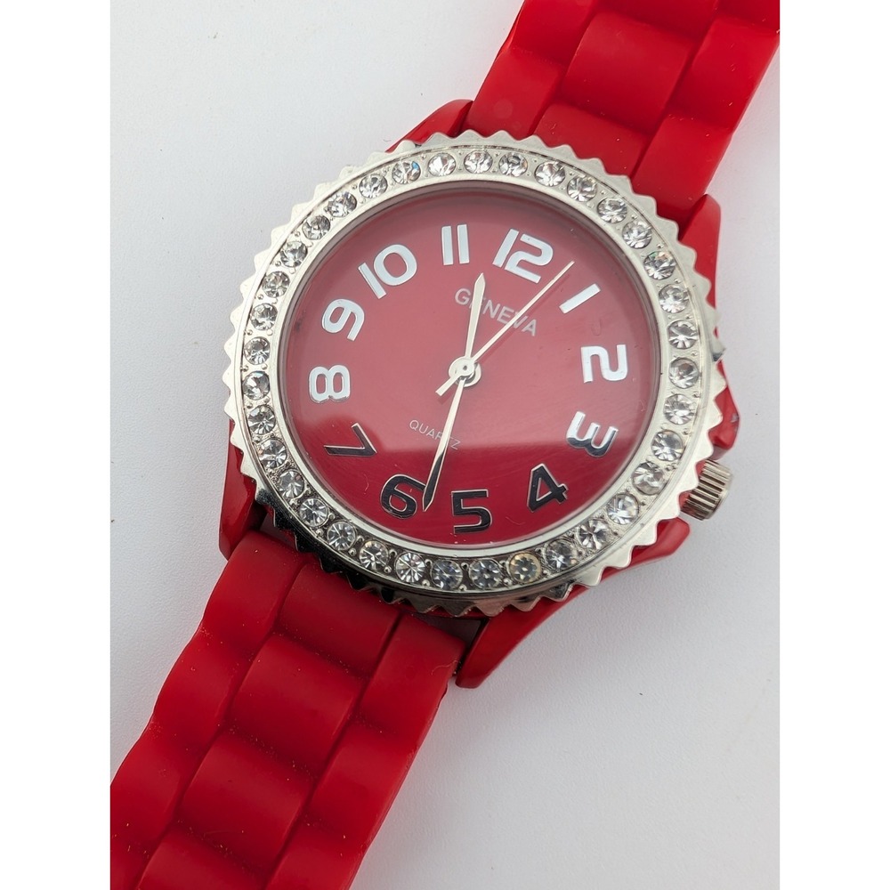 Geneva Watch Women 38mm Case Rhinestones Red Silicone Band- New Battery